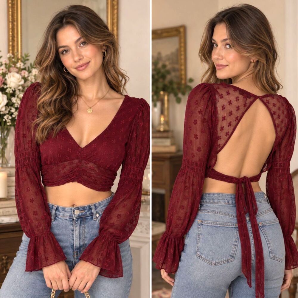 TopShop Burgundy Sheer Floral Mesh Romantic Whimsygoth Open Back Blouse Size 6
